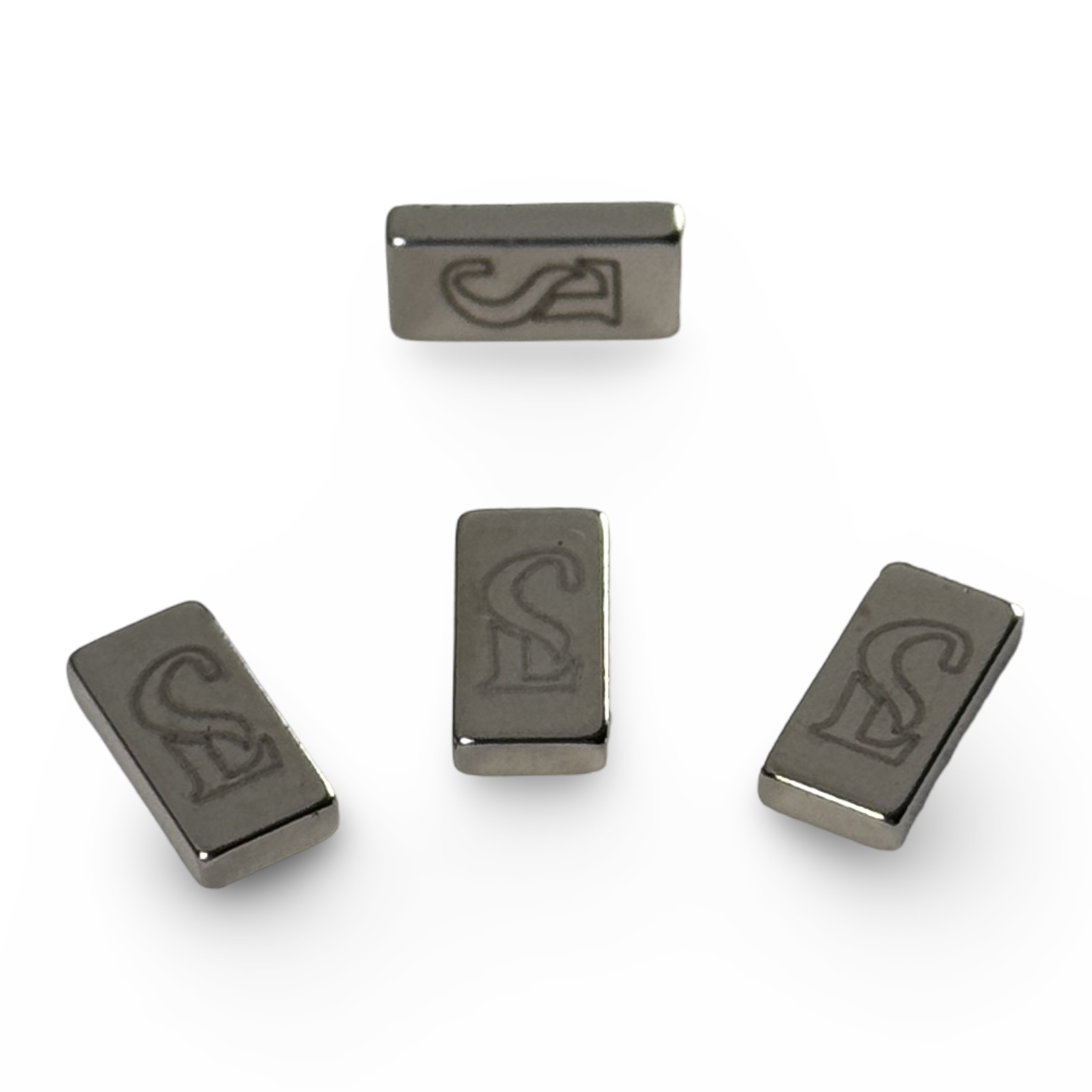 Four rectangular magnets with a logo on a white background