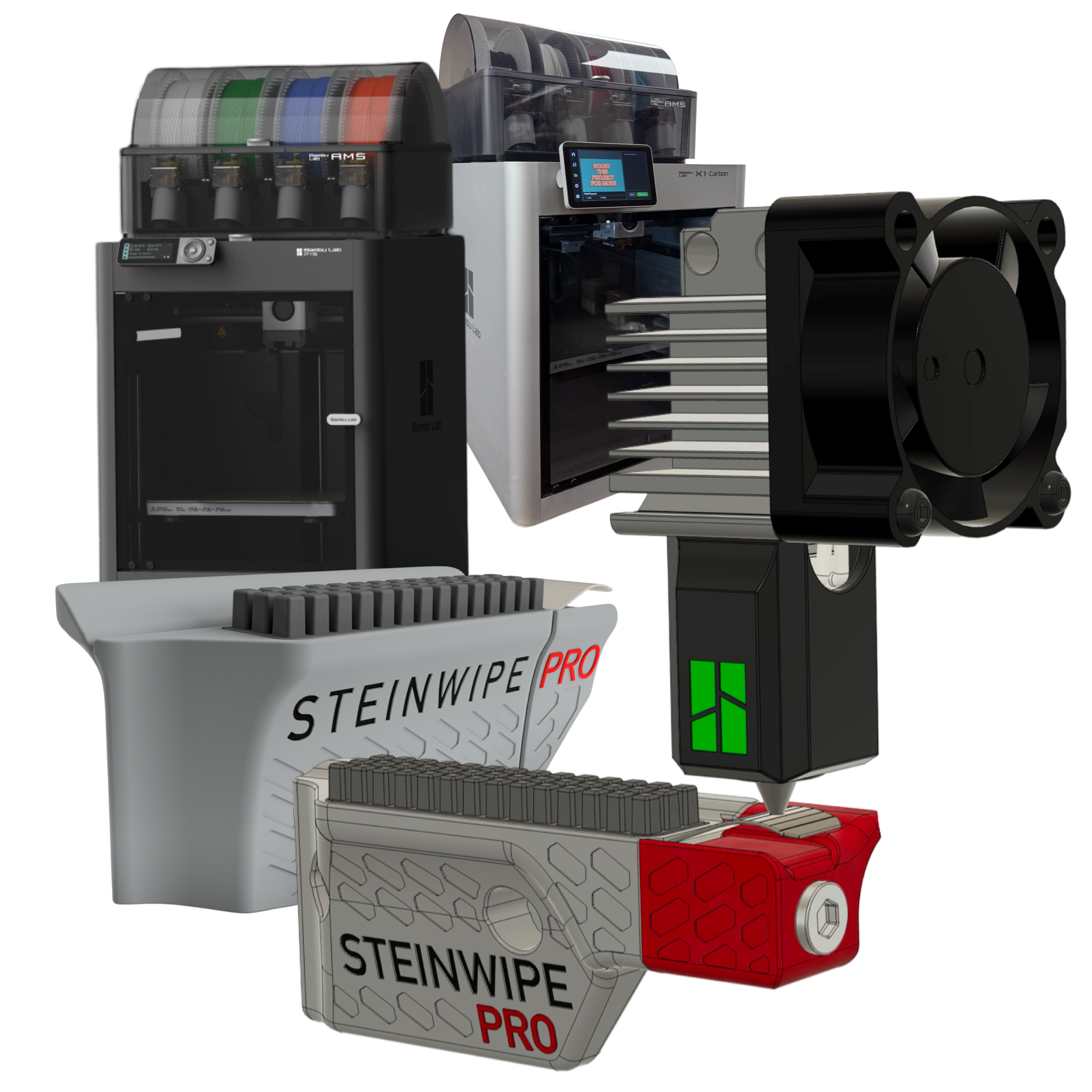 Collection of industrial equipment including a machine with colorful components and 'Steinwip Pro' units.