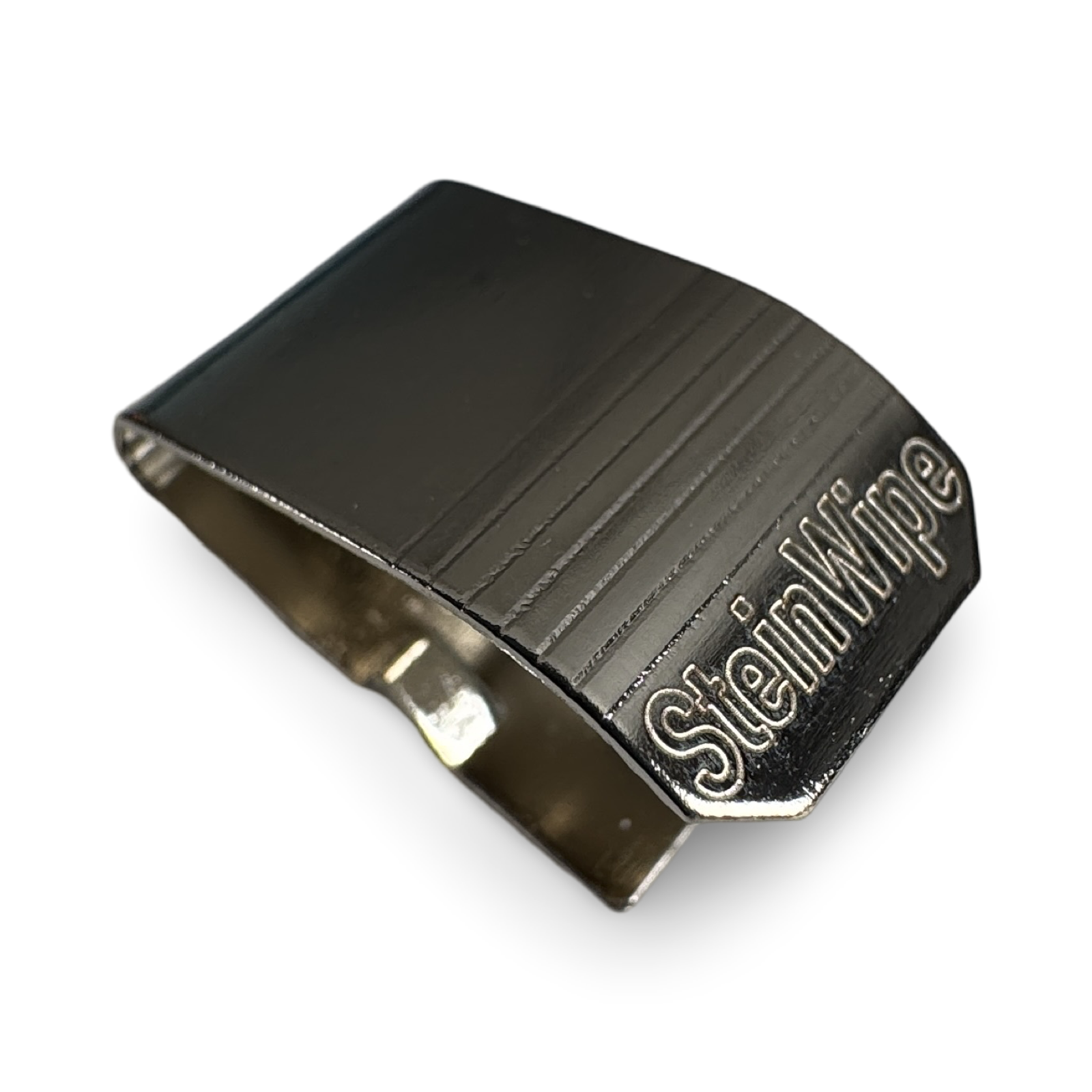 Black and silver money clip with 'Steinway' branding on a white background